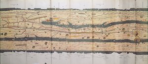 Parte da Tabula Peutingeriana (tabela de Peutinger, mapa de Peutinger), um itinerário ilustrado da rede de estradas no Império Romano Detalhe da Itália da cópia do mapa de Peutinger